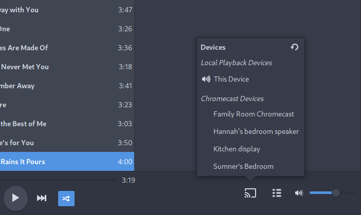 Sublime Music with the Chromecast popup open